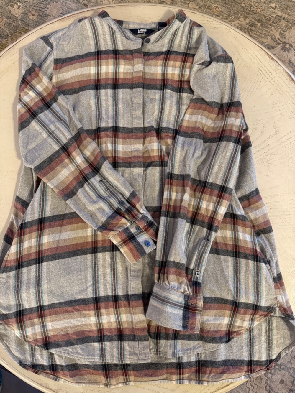 Lands' End Plaid Flannel 100 % Cotton Collarless Nightshirt Shirt Women’s Large